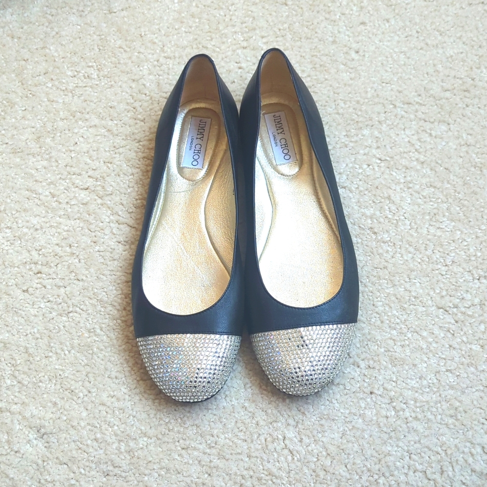 Jimmy Choo Black Flats with Silver Rhinestone Caps